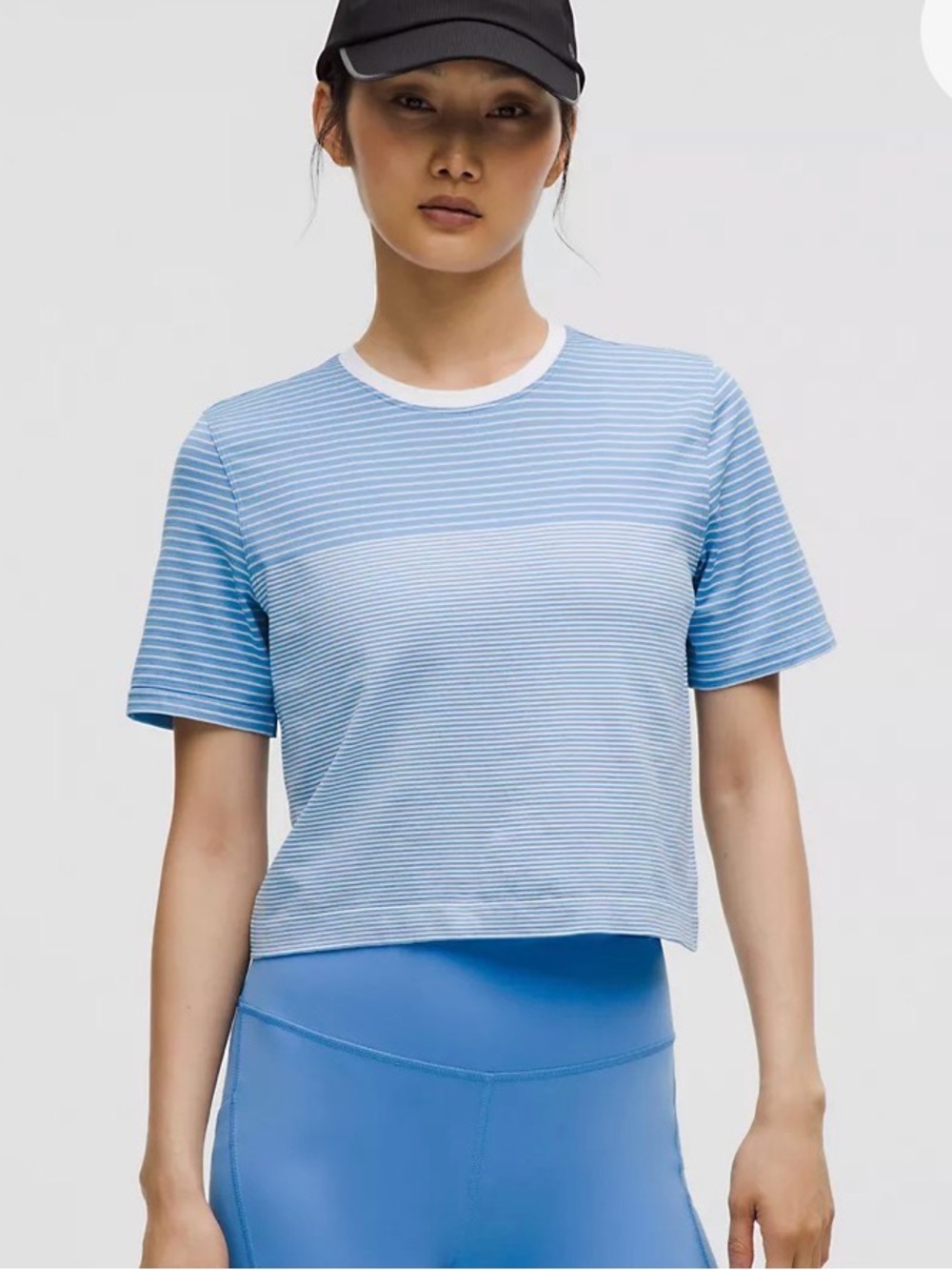 Lululemon Athletica Mariner Blue Striped Crew Crop Athletic Shirt